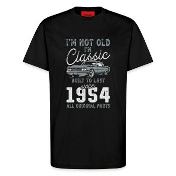 Geboren 1954 Geburtstag Oldtimer - T-Shirt - made by SPREAD - SOLID BLACK - Vorne - Alina (178cm) & Michal (187cm)