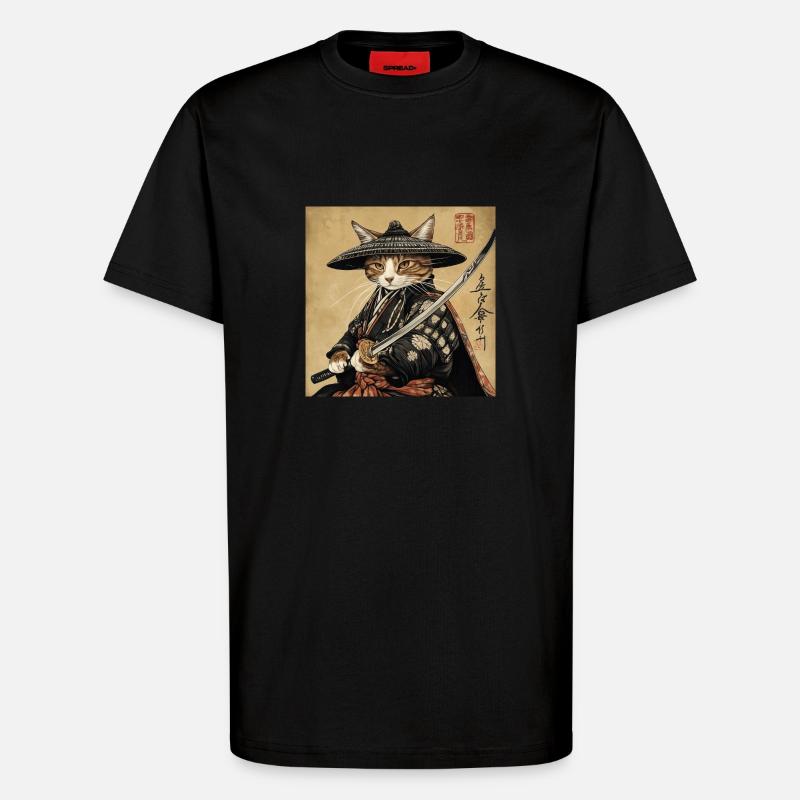 Katze Samurai Japan Ukiyo-E - T-Shirt - made by SPREAD - SOLID BLACK