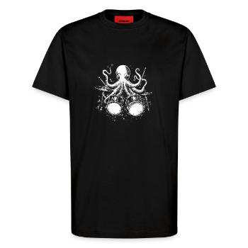 Oktopus Kraken Schlagzeug Schlagzeuer Rock Musik - T-Shirt - made by SPREAD - SOLID BLACK - Vorne - Alina (178cm) & Michal (187cm)