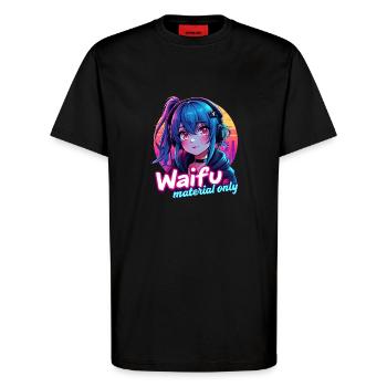 WAIFU MATERIAL ONLY - VAPORWAVE GAMERGIRL - T-Shirt - made by SPREAD - SOLID BLACK - Front - Alina (178cm) & Michal (187cm)