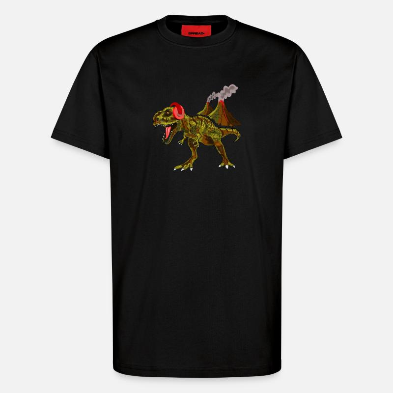 Dinosaurier mit Kopfhörern vor Vulkan - T-Shirt - made by SPREAD - SOLID BLACK