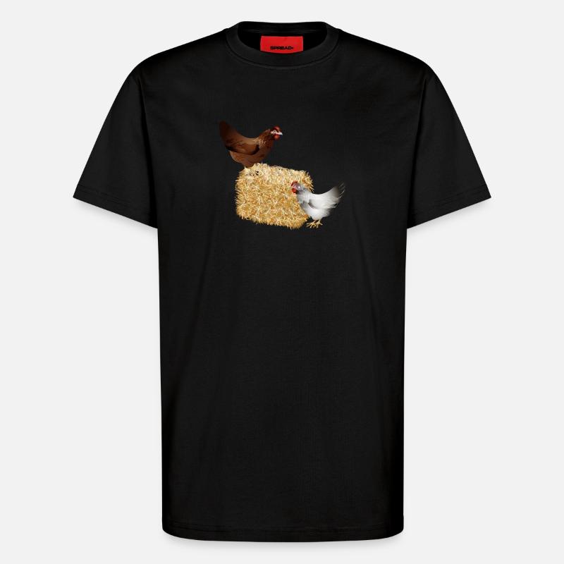 zwei Hühner auf einen Strohballen - T-Shirt - made by SPREAD - SOLID BLACK