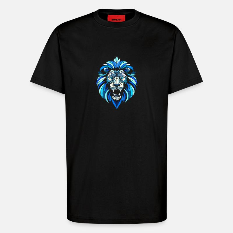 blue lion head, geometric patterns, polygons - T-Shirt - made by SPREAD - SOLID BLACK