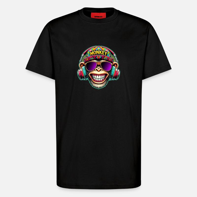 Cooler DJ Monkey Kopfhörer Bunter Retro-Stil - T-Shirt - made by SPREAD - SOLID BLACK