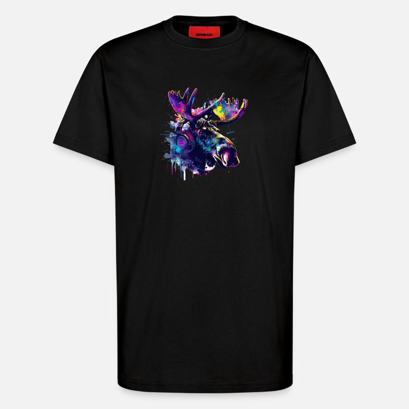 Elch Elche Elchkopf mit Kopfhörer - T-Shirt - made by SPREAD - SOLID BLACK
