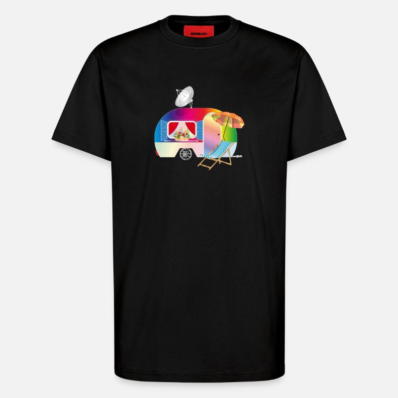 Bunter Retro-Wohnwagen mit Liegestuhl - T-Shirt - made by SPREAD - SOLID BLACK