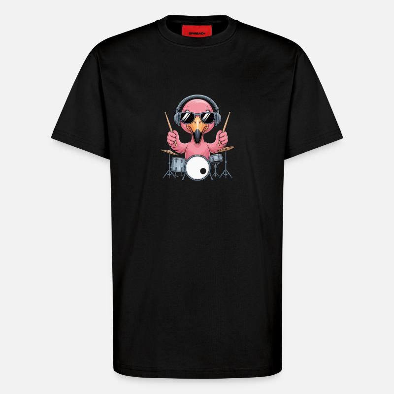 Flamingo Drummer Mit Kopfhörer Und Sonnenbrille - T-Shirt - made by SPREAD - SOLID BLACK