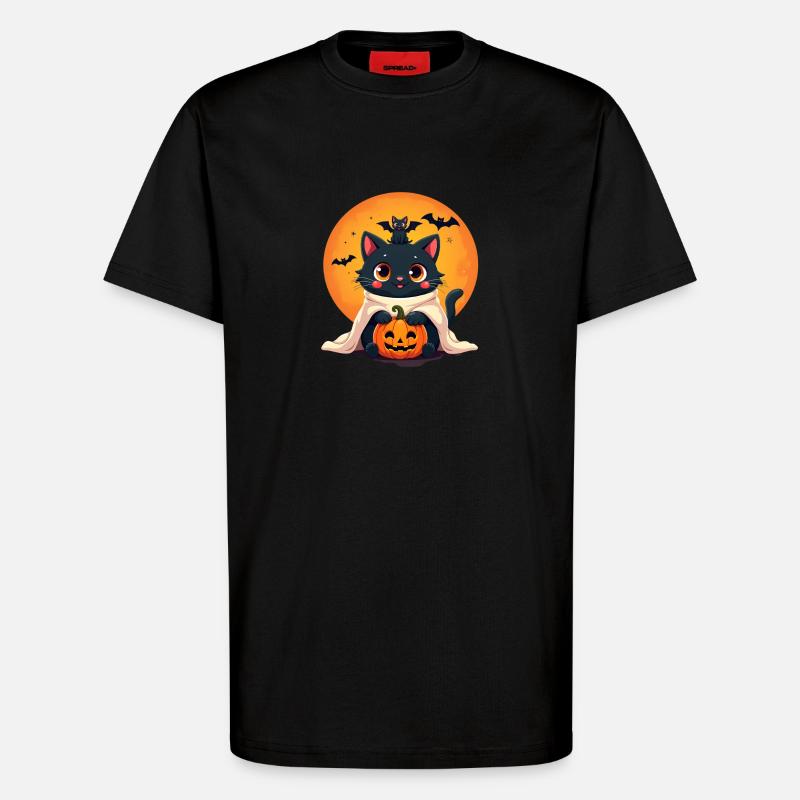 Chat d’Halloween avec citrouille d’Halloween - T-shirt bio décontracté fabriqué en UE - SOLID BLACK