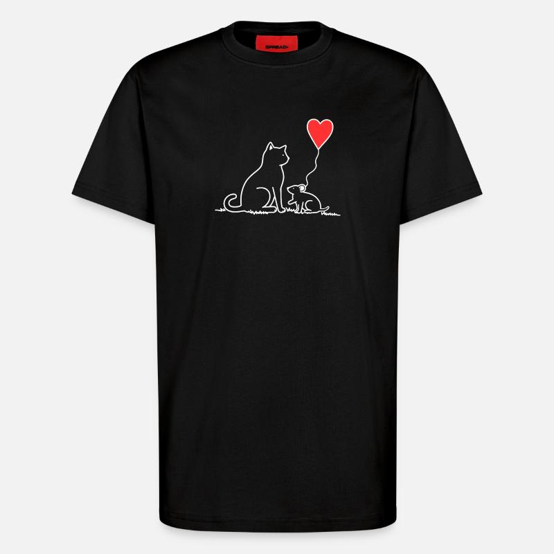 Katze und Maus mit Herzbalon - T-Shirt - made by SPREAD - SOLID BLACK