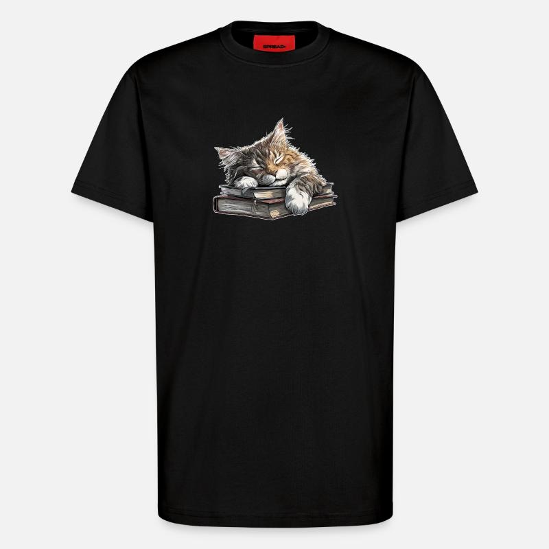 Süße Katze schläft auf Bücherstapel - T-Shirt - made by SPREAD - SOLID BLACK