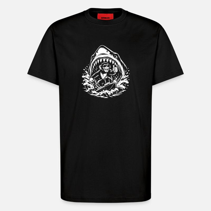 Surfing Monkey in Shark Wave - T-Shirt - made by SPREAD - SOLID BLACK