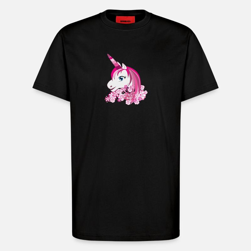 Pinkes Einhorn mit Blütenkrone - T-Shirt - made by SPREAD - SOLID BLACK