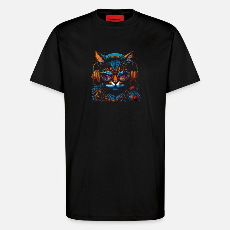Neon DJ-Katze mit Kopfhörern - T-Shirt - made by SPREAD - SOLID BLACK