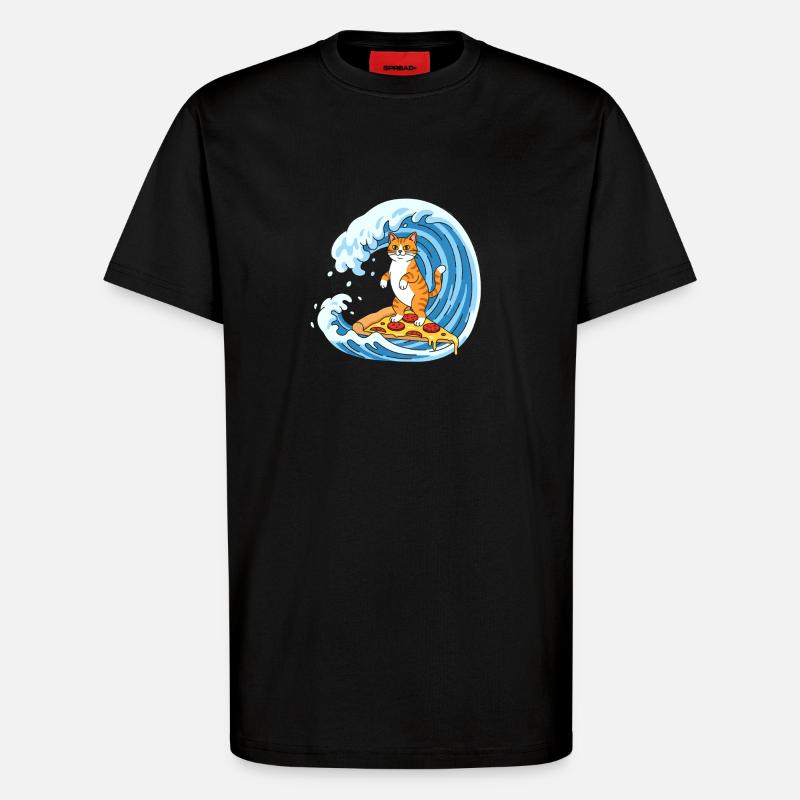Surfer cat on pizza wave - T-Shirt - made by SPREAD - SOLID BLACK