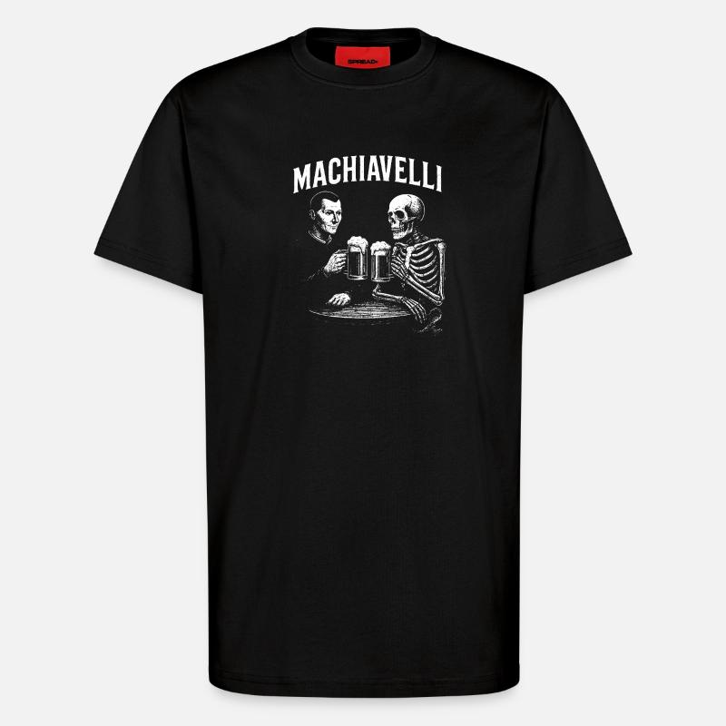 Machiavelli drinking beer with Skeleton - T-Shirt - made by SPREAD - SOLID BLACK