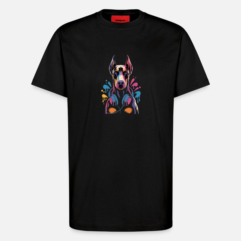 Dobermann mit Kopfhörern - T-Shirt - made by SPREAD - SOLID BLACK