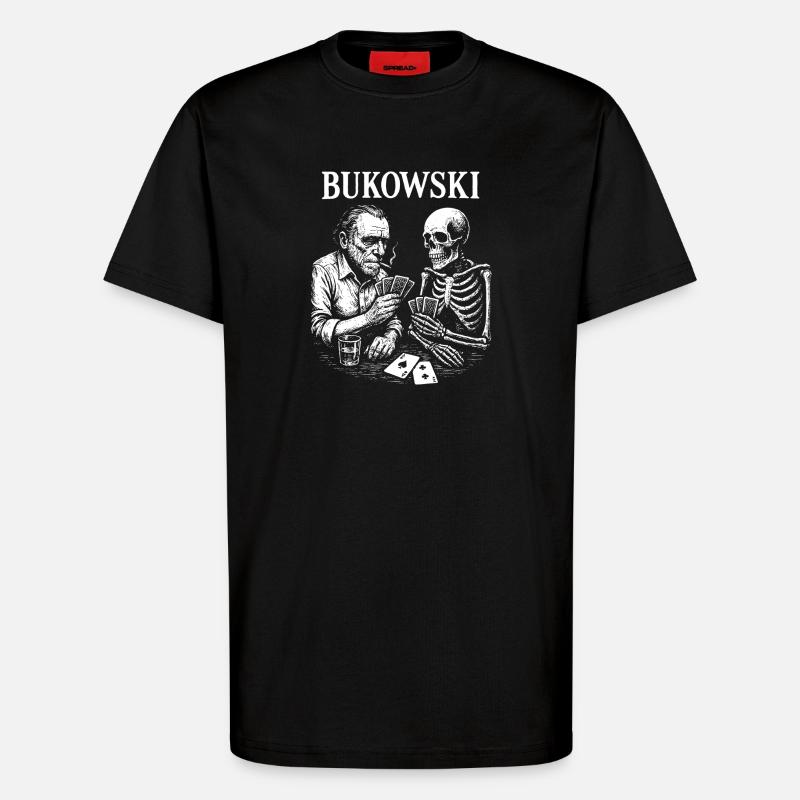 Bukowski spielt Karten mit Skeleton - T-Shirt - made by SPREAD - SOLID BLACK
