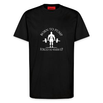 Born To Pump – Forced To Warm-Up Gym Bodybuilding - T-Shirt - made by SPREAD - SOLID BLACK - Front - Alina (178cm) & Michal (187cm)