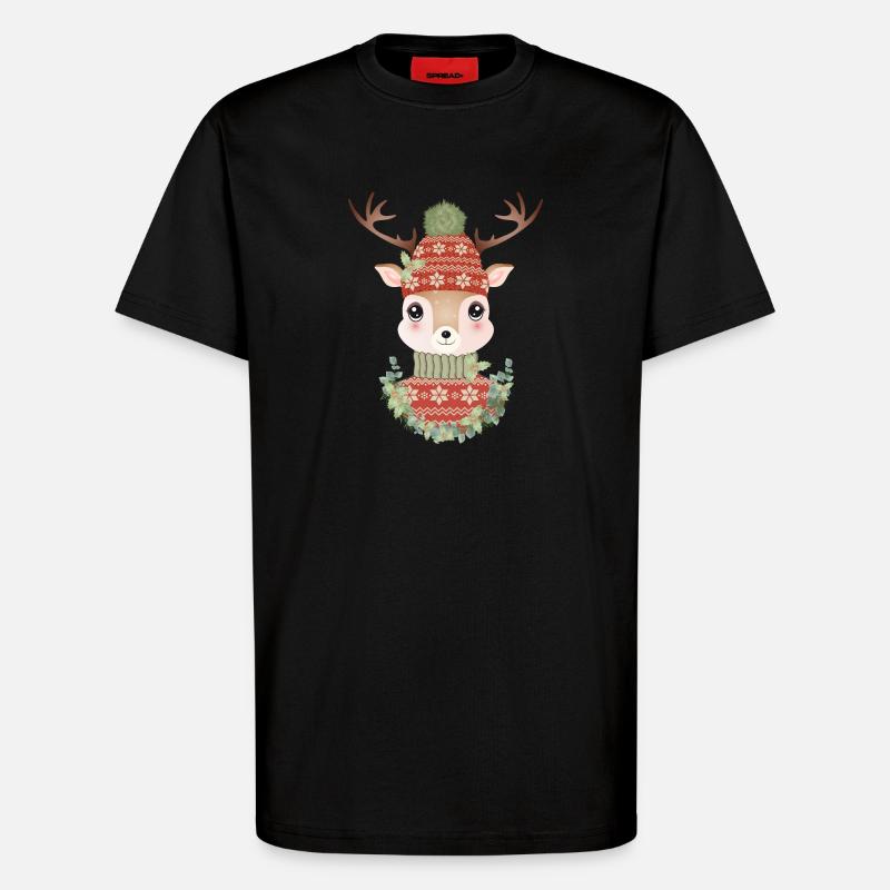 niedlicher Hirsch mit Pullover,Bommelmütze & Kranz - T-Shirt - made by SPREAD - SOLID BLACK