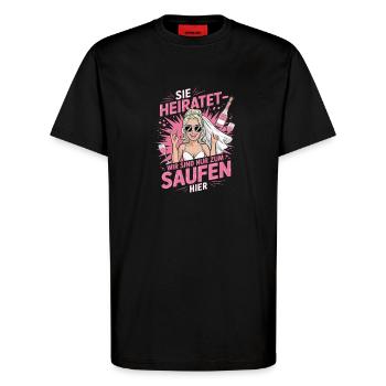 Funny German Hen Party Sie Heiratet Design - T-Shirt - made by SPREAD - SOLID BLACK - Vorne - Alina (178cm) & Michal (187cm)