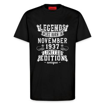 Date de naissance: Novembre 1937 année, édition limitée - T-shirt bio décontracté fabriqué en UE - SOLID BLACK - Devant - Alina (178cm) & Michal (187cm)