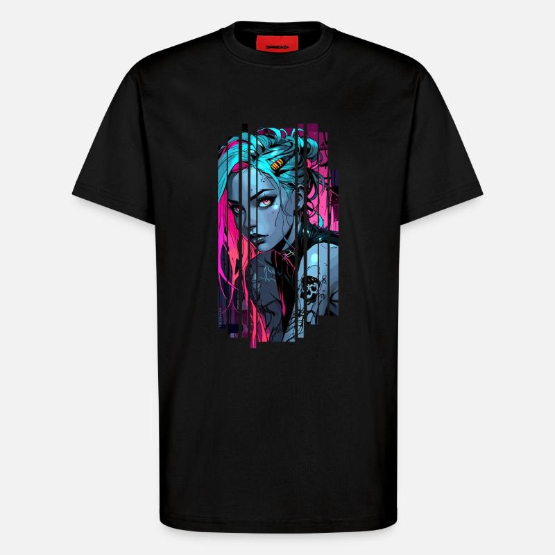 Neonblaues Cyber-Mädchen - T-Shirt - made by SPREAD - SOLID BLACK