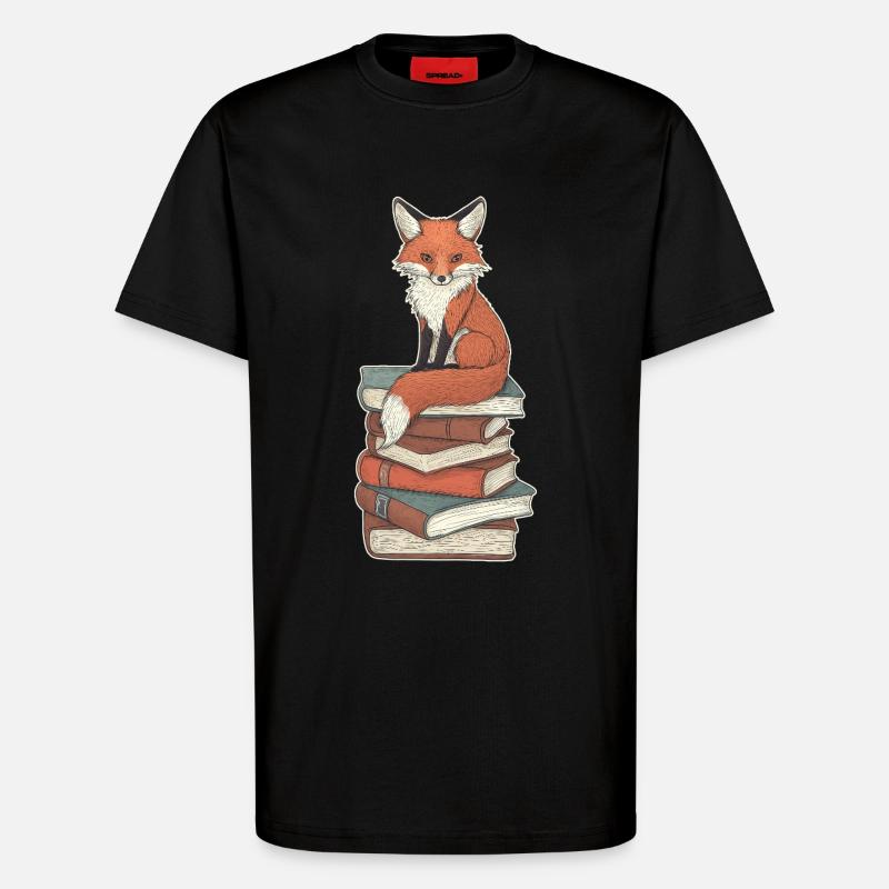 Fuchs auf Bücherstapel - T-Shirt - made by SPREAD - SOLID BLACK