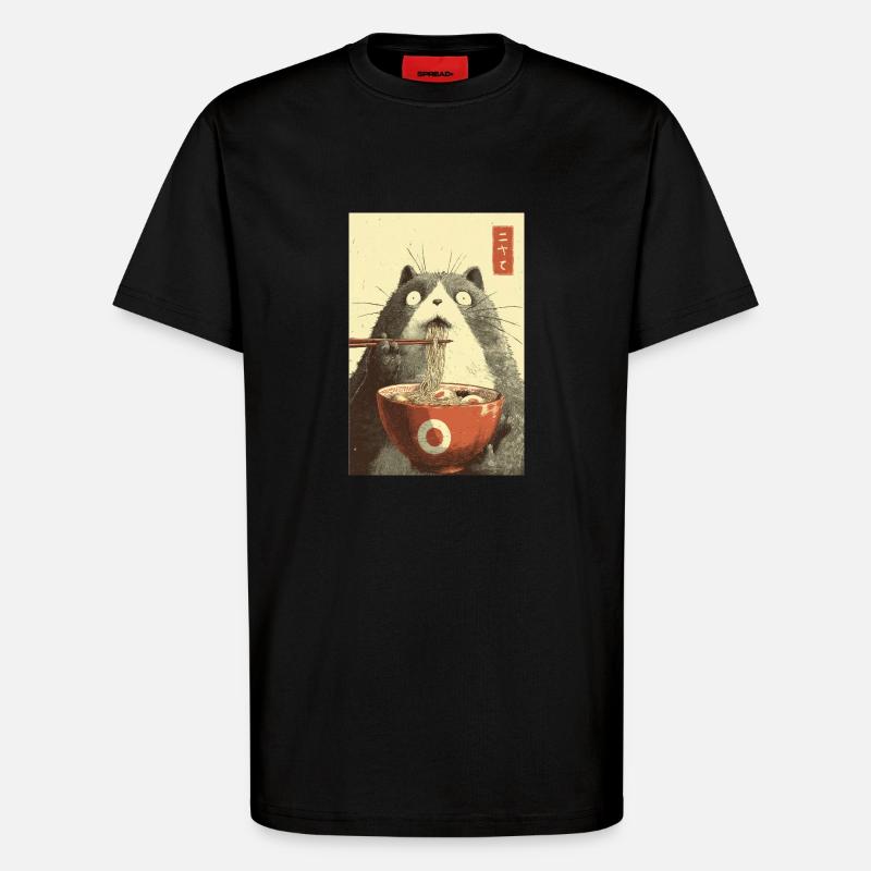 Schockierte Katze isst Ramen - T-Shirt - made by SPREAD - SOLID BLACK