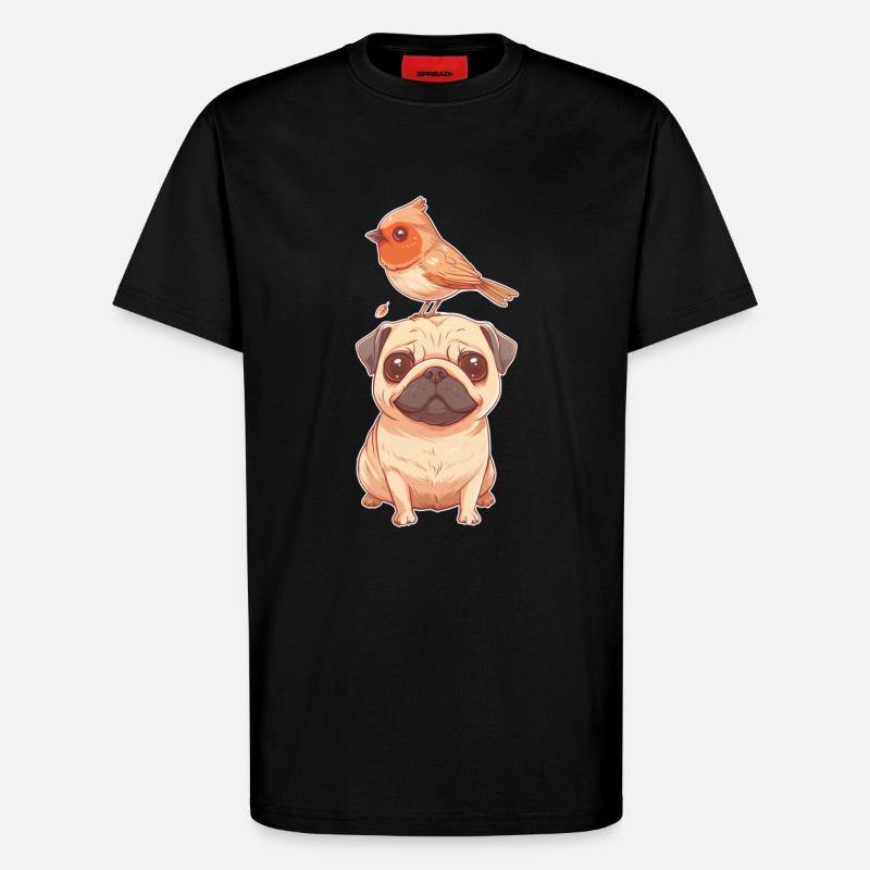 Mops mit Vogel - T-Shirt - made by SPREAD - SOLID BLACK