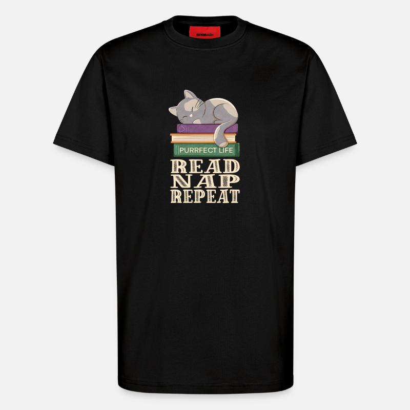 Reading, sleeping, repeating and cats - T-Shirt - made by SPREAD - SOLID BLACK