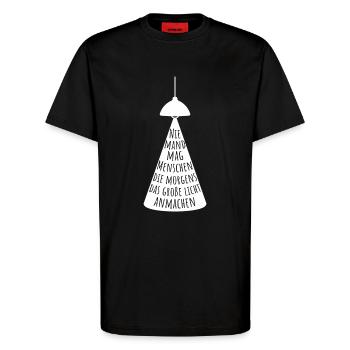 Morgens Licht anmachen – Humorvolles Schlafshirt - T-Shirt - made by SPREAD - SOLID BLACK - Vorne - Alina (178cm) & Michal (187cm)