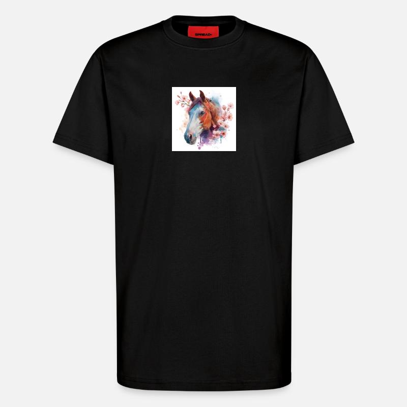 Aquarell Pferd und Blüten - T-Shirt - made by SPREAD - SOLID BLACK