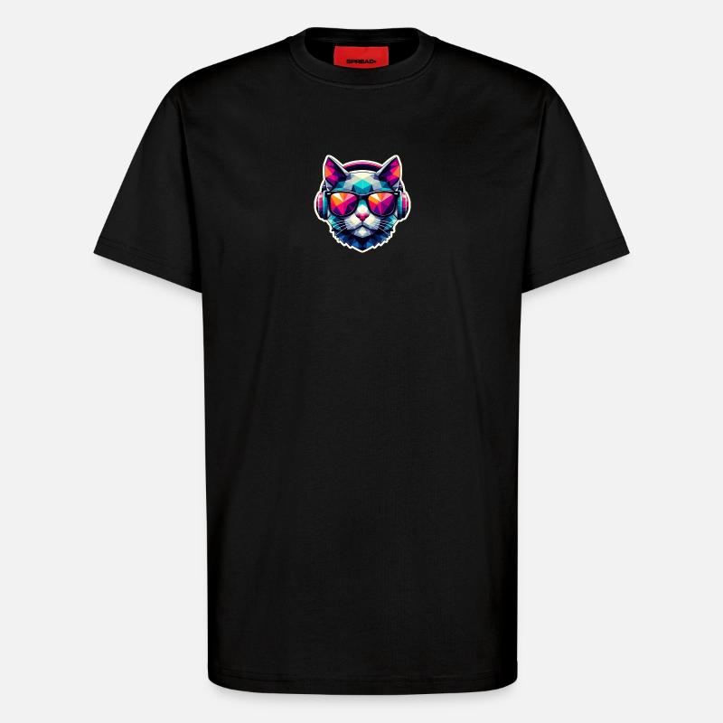 Katze Brille Kopfhörer bunt polygon - T-Shirt - made by SPREAD - SOLID BLACK