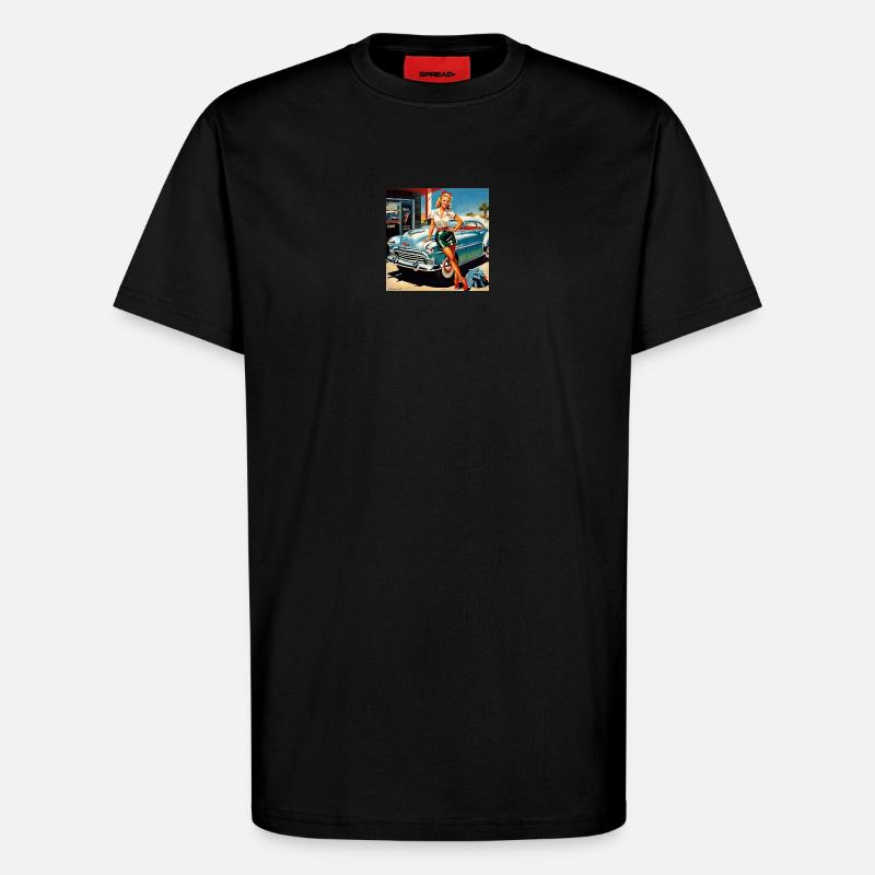 Retro Pinup am Oldtimer - T-Shirt - made by SPREAD - SOLID BLACK