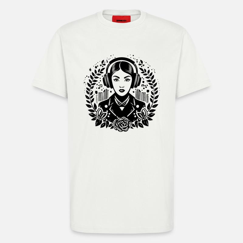 Träumerin Traum Gedanke – Frau, Kopfhörer, Blick - T-Shirt - made by SPREAD - OFF WHITE