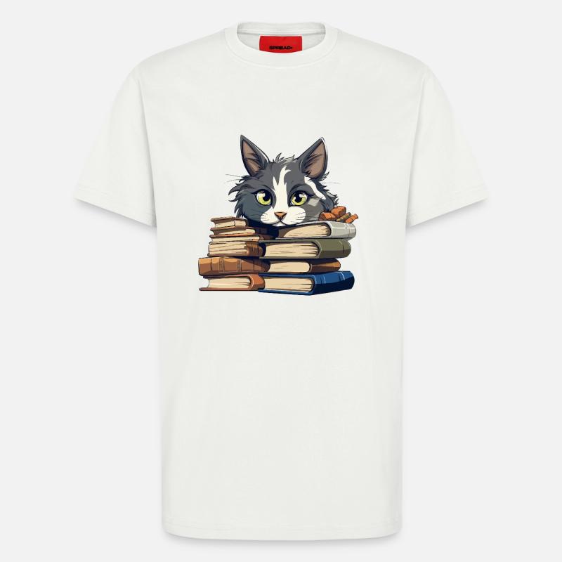 Book Stack Cat Bibliophile - T-Shirt - made by SPREAD - OFF WHITE