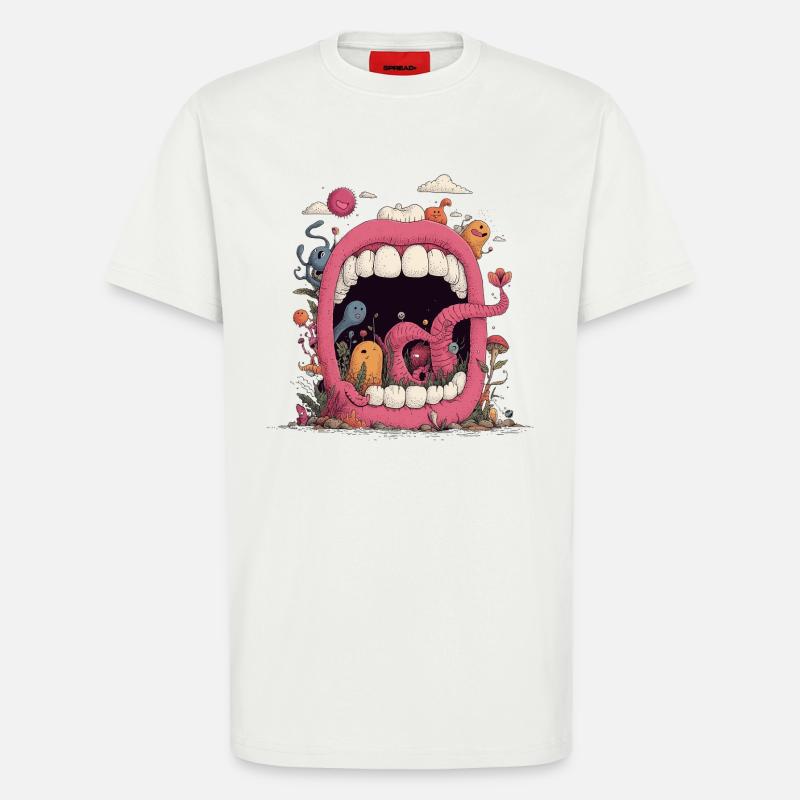 Pink Mouth World with Creatures - T-Shirt - made by SPREAD - OFF WHITE