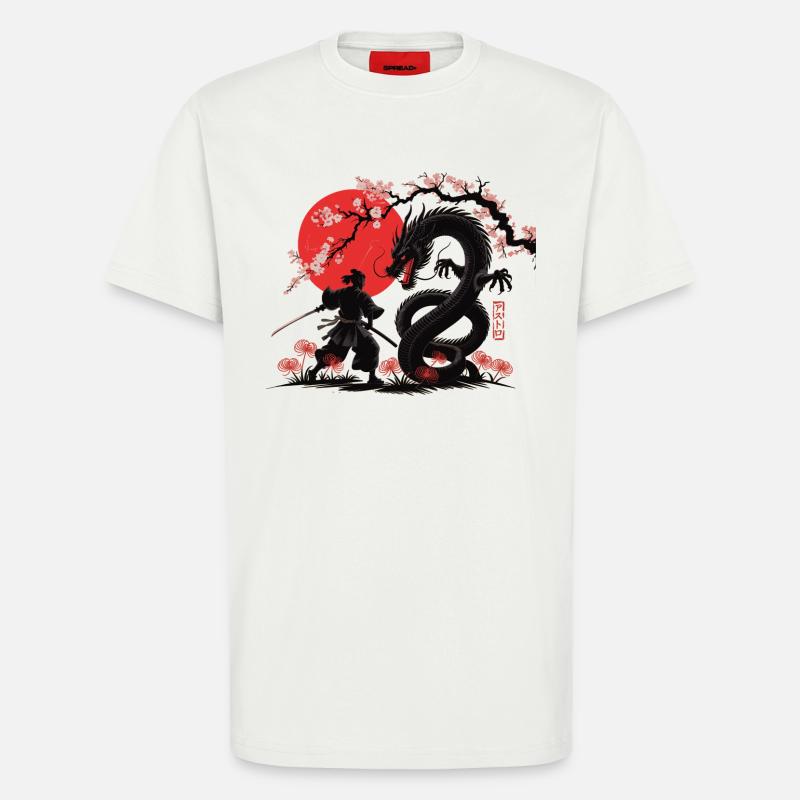 Samurai vs Drache Shirt Drachenkampf - T-Shirt - made by SPREAD - OFF WHITE