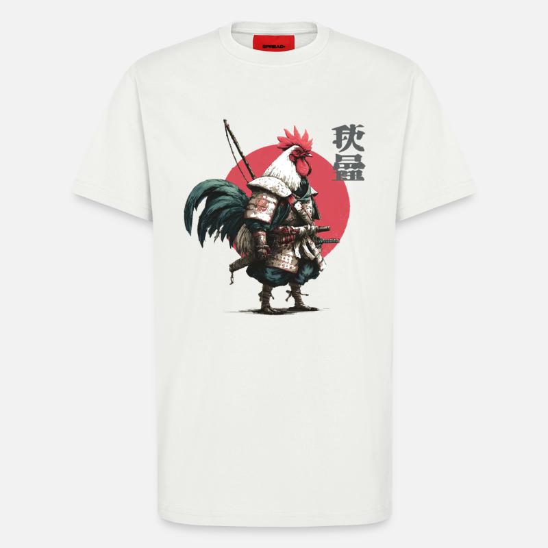 Rooster Samurai in Crimson Circle - T-Shirt - made by SPREAD - OFF WHITE