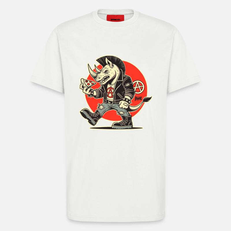 Anarchy Punk Rhino avec Pizza - T-shirt bio décontracté fabriqué en UE - OFF WHITE