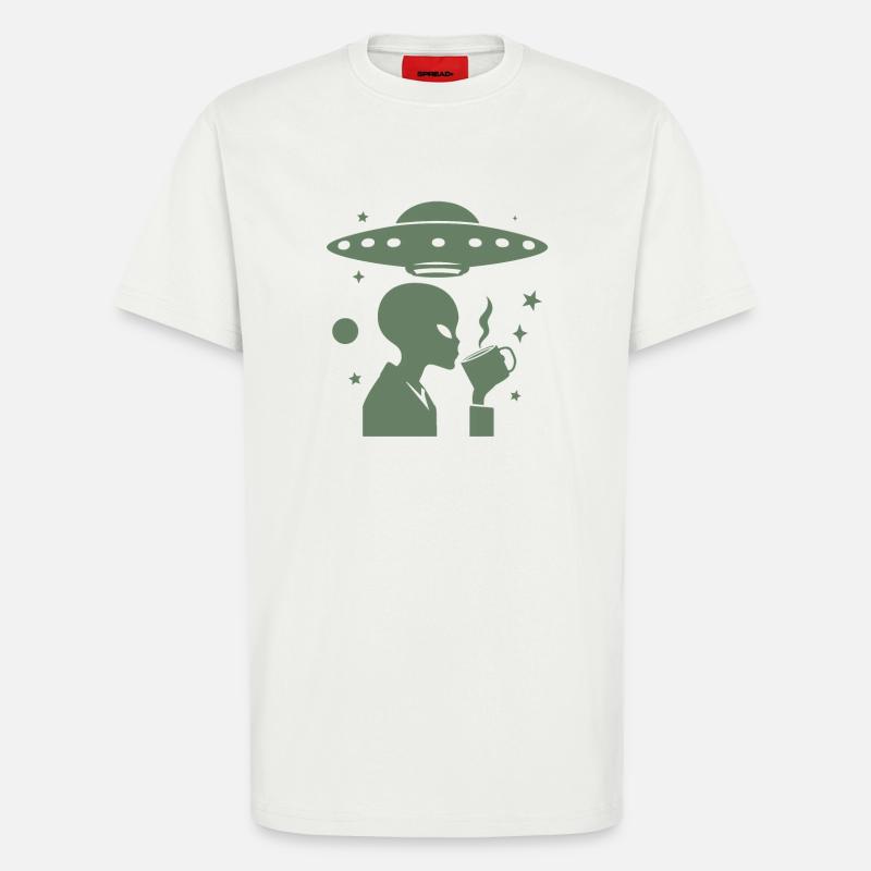 Alien-Silhouette mit Kaffee & UFO - T-Shirt - made by SPREAD - OFF WHITE