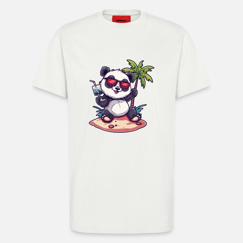 Panda Summer Beach Bande dessinée - T-shirt bio décontracté fabriqué en UE - OFF WHITE
