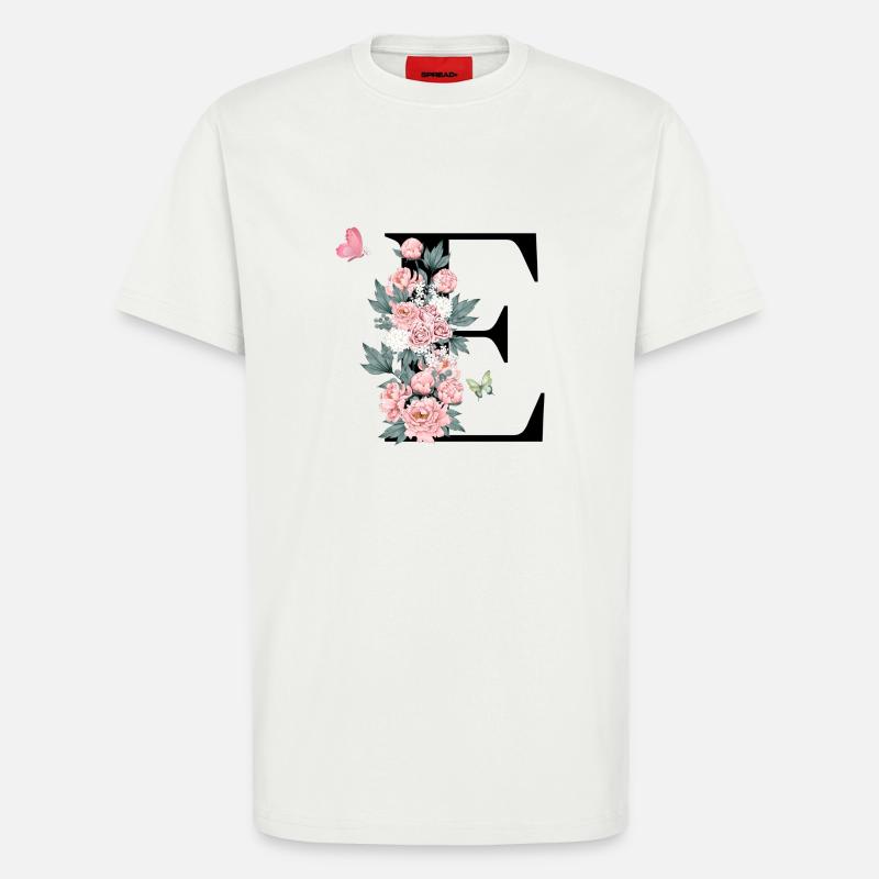 Lettre e fleurs rose - T-shirt bio décontracté fabriqué en UE - OFF WHITE
