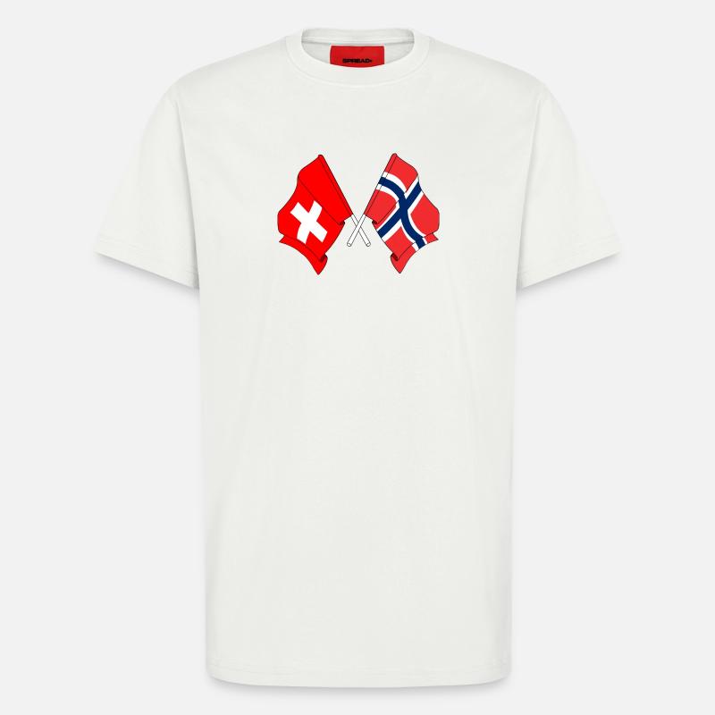 Drapeau de la Suisse et drapeau de la Norvège - T-shirt bio décontracté fabriqué en UE - OFF WHITE