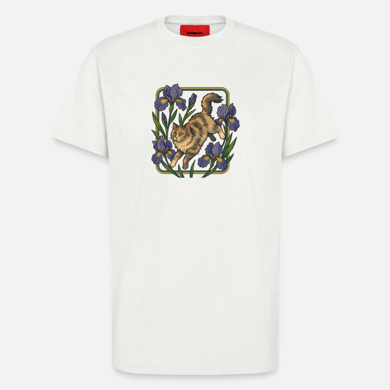 Chat élégant parmi les fleurs d'iris - T-shirt bio décontracté fabriqué en UE - OFF WHITE
