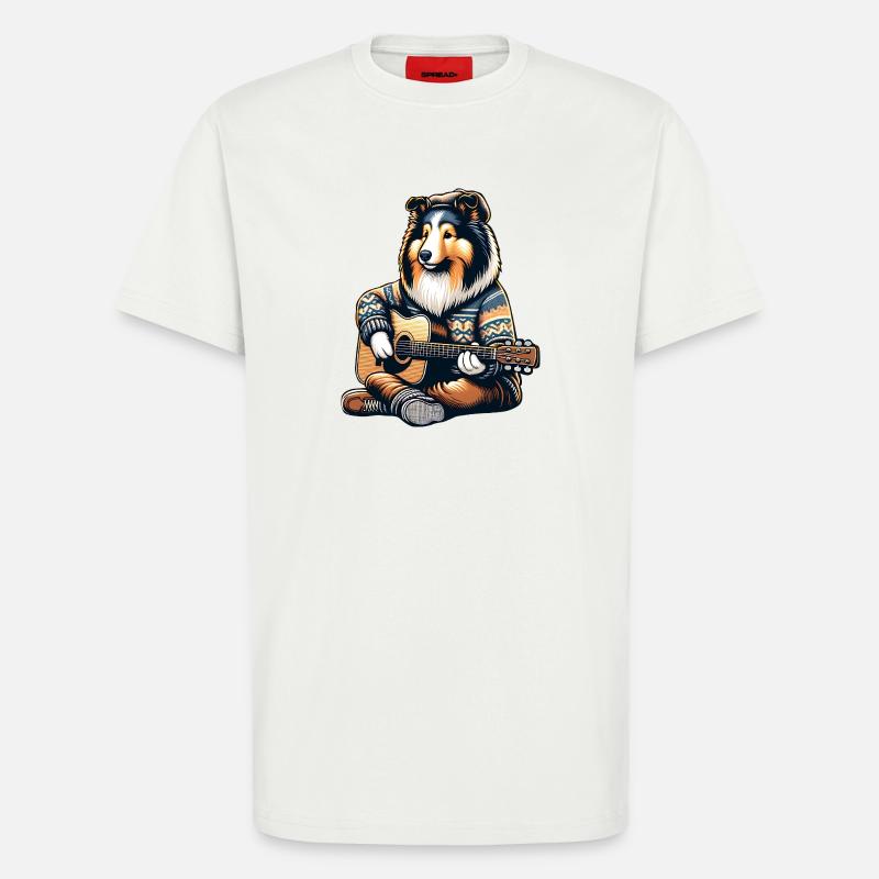 Collie Mit Akustikgitarre Im Strickpullover - T-Shirt - made by SPREAD - OFF WHITE