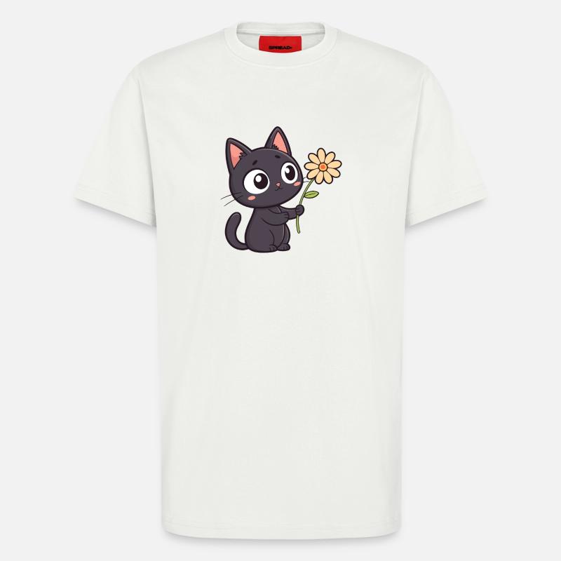 Kawaii Schwarze Katze und Gänseblümchen - T-Shirt - made by SPREAD - OFF WHITE