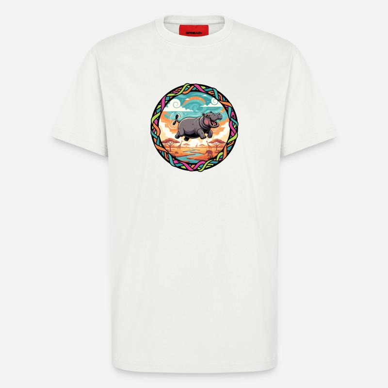 Witziger Hippo fliegendes Nilpferd bunt Savanne  - T-Shirt - made by SPREAD - OFF WHITE