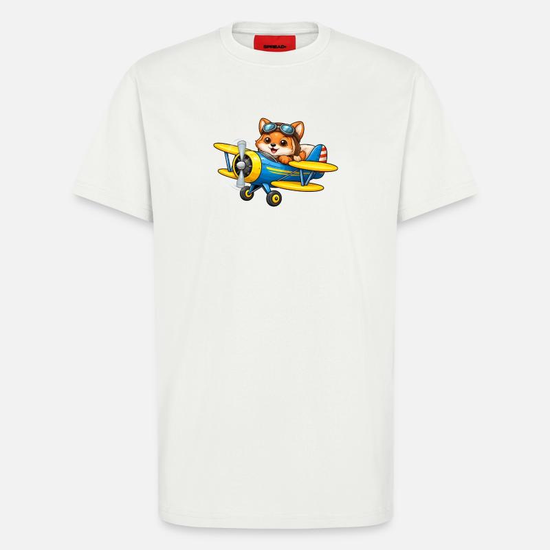 Fuchs Pilot Doppeldecker Flugzeug Cartoon   - T-Shirt - made by SPREAD - OFF WHITE