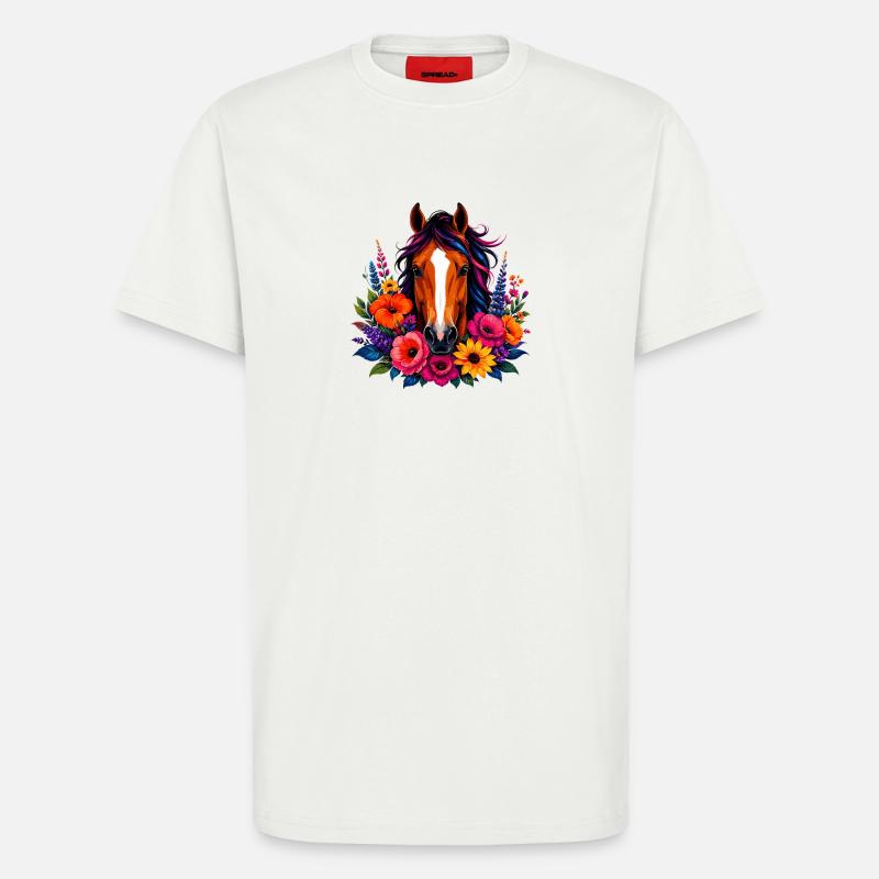 Cheval avec une couronne de fleurs - T-shirt bio décontracté fabriqué en UE - OFF WHITE